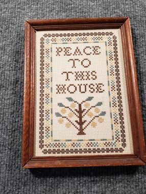 Vintage Cross Stitch Framed Padded Peace To This House Sampler Picture 8"x6"